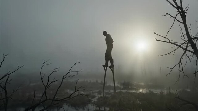 Man on stilts traversing misty swamp at sunset. Circus performer balancing through foggy marsh. Silhouette adventure in atmospheric landscape sequence.