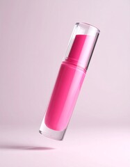 Floating lip gloss tube mockup in hot pink, transparent cap