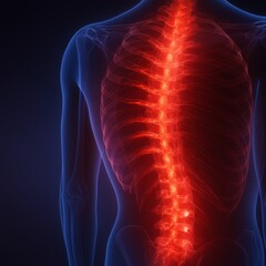 A human back shows a glowing red spine inside the torso, radiating along the vertebrae. Concept of pain, anatomy, nerve pathway, health. For medical poster