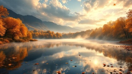 Beautiful autumn lake landscape with golden trees, falling leaves, calm reflective water, and warm sunrise light. Peaceful seasonal nature background with copy space
