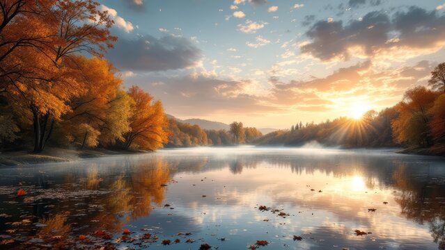 Beautiful autumn lake landscape with golden trees, falling leaves, calm reflective water, and warm sunrise light. Peaceful seasonal nature background with copy space - Powered by Adobe