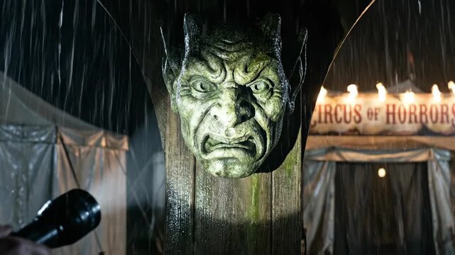 Flashlight illuminating eerie circus of horrors entrance. Green gargoyle face snarling on wet tent facade during rainy night. Spooky traveling show gateway in darkness.