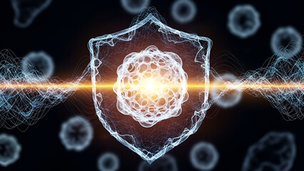 Abstract glowing cell structure with shield and orange light beam