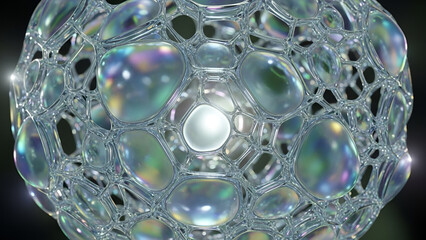 Iridescent soap bubble cluster on black background