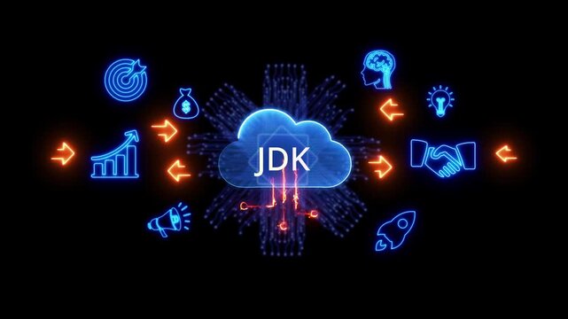 Neon JDK Cloud Concept with Business and Technology Icons on Black Background Keywords: JDK, Java Development Kit, cloud computing, technology, software development, programming, neon lights