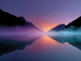Mountain lake reflecting colorful sky at dawn