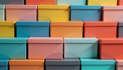 Colorful stacked gift boxes in various sizes and shapes  