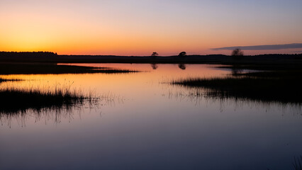 Obraz premium Sunset over serene lake with silhouetted trees and water reflections