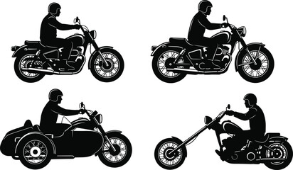 Classic vintage motorcycle silhouette set, retro biker riding cruiser motorbike, custom chopper with rider, old school motorcycle sidecar vector illustration for graphic design. © Abida