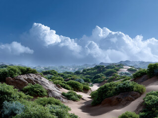 Desert dunes with lush green vegetation under blue sky
