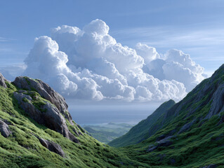 Green mountain valley opening towards distant ocean