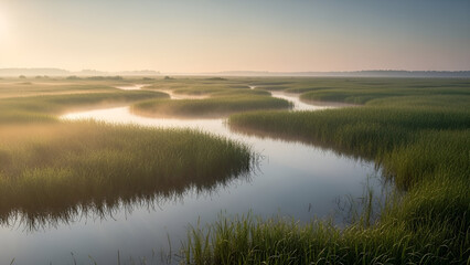 Obraz premium Serene wetland landscape with winding waterway at sunrise