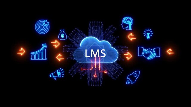 Neon Cloud with LMS Icons and Arrows on Black Background Keywords: LMS, Learning Management System, cloud computing, education, technology, online learning, training, digital, knowledge, data