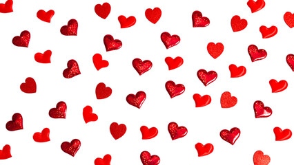 Red glitter and solid heart confetti on a white background for Valentines Day or wedding celebration concept. Creative seamless pattern for love.