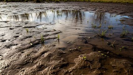 Obraz premium Muddy field with water and green sprouts growing