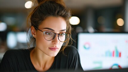 Focused at Work: A serious woman with glasses is engrossed in her computer, concentrated on her work, analyzing data and information in a modern office. 