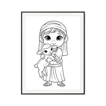Cute illustration of a young shepherd girl holding a lamb