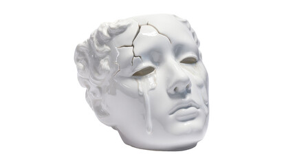 Porcelain figure with fragmented face and tear trail, Transparent background, PNG file