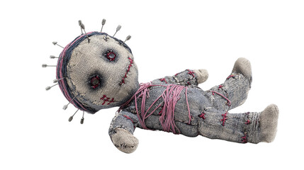 Rag doll with spooky pins and threads, Transparent background, PNG file