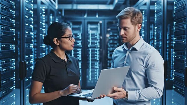 Two individuals in a sleek data center discuss critical project details while surrounded by towering server racks, illuminated by soft blue lighting that enhances their focused expressions.