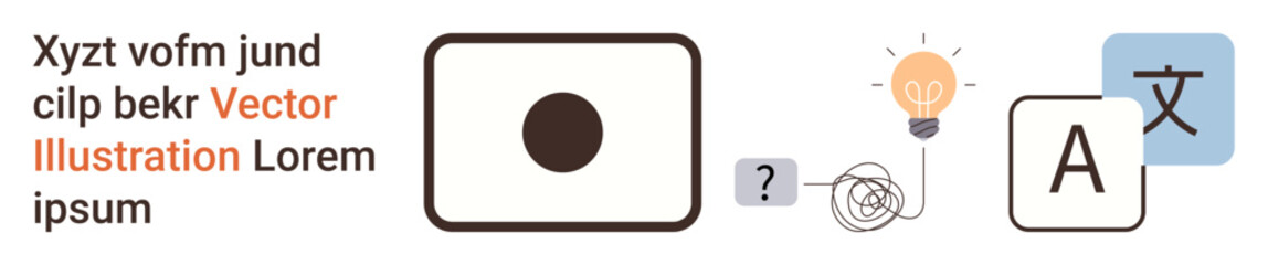 Language learning, communication, translation tools, creativity, problem-solving, education. Symbols including a lightbulb, question mark and language icon. Language learning and communication theme © robu_s