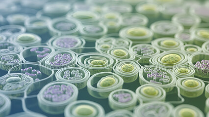 Close up of green and purple cells