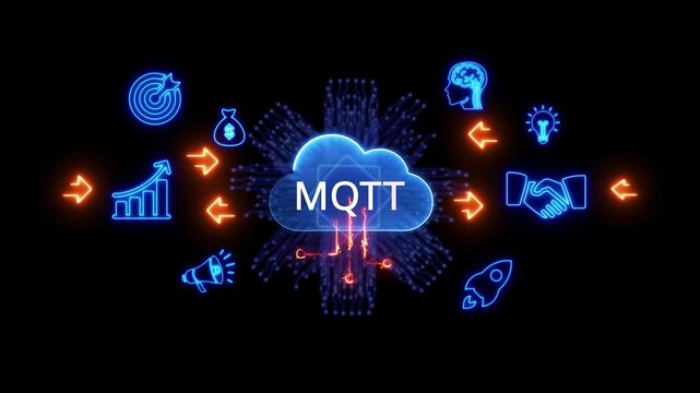 Neon cloud with MQT text and surrounding technology icons on black background MQTT cloud computing
