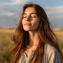 Embracing Solitude: a young woman stands serenely bathed in soft sunlight, eyes closed, radiating tranquility and peace against a backdrop of natural beauty.