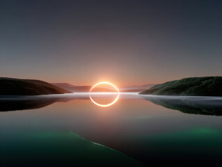Annular solar eclipse reflecting on still lake water