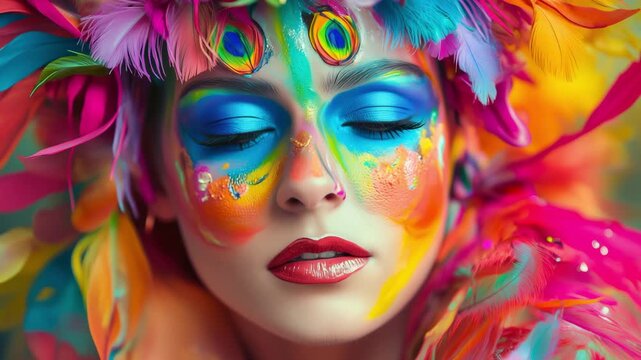 Model displays intricate face paint and a feather headdress in a lively celebration with bright colors and artistic designs