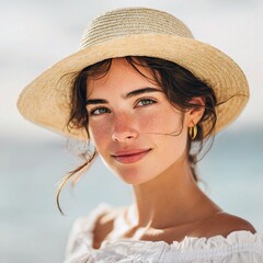 Radiant Beauty at the Seaside: A serene and elegant woman, adorned with a sun hat, emanates a sense of tranquility and poise, with the backdrop of the serene seaside.