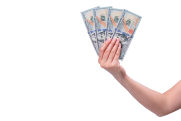 Hand holding USD banknotes isolated on transparent background. Business, finance, economy concept financial concept of earnings, savings, and investment with US dollars.