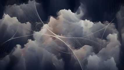 Ethereal cloud formations interwoven with delicate glowing digital networks isolated on white background