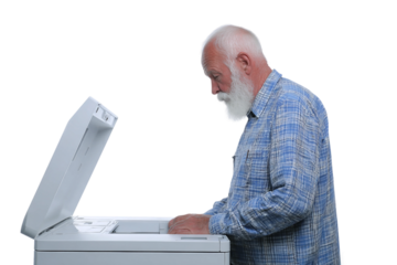 Senior performing document copying isolated on transparent background
