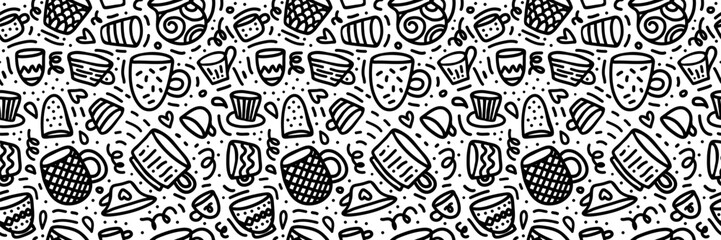 Seamless pattern with hand-drawn coffee cups, tea mugs, and breakfast treats. Cute doodle cafe background with beverage icons. Perfect for kitchen textile design or restaurant decor.
