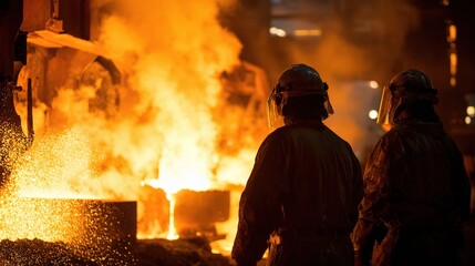 Molten Inferno: Two figures stand in a fiery scene, witnessing the intense heat of molten metal in a industrial setting. Emphasizing the power and danger of industry, and the strength of the workers.