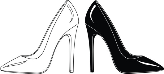 High heel pumps vector illustration, elegant black and white stiletto shoes icon set, fashion footwear line art design elements for beauty and style