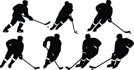 Ice hockey player silhouettes set, professional athletes skating and shooting puck during game, isolated vector illustration collection for sports competition design projects. © Abida