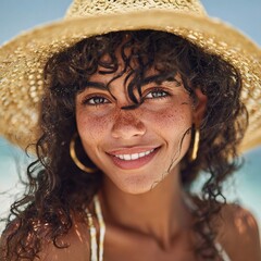 Radiant Summer Charm: A woman with warm smile basks in the sunlight, sporting freckles. The sunlight is reflected on her and the beach is behind her. 