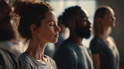 Inner Peace and Collective Focus: A serene group practices meditation, embodying tranquility and mindful concentration, with closed eyes, focusing on inner peace.