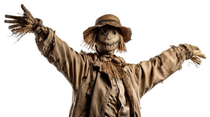 Scary autumn scarecrow with broken arms, Transparent background, PNG file