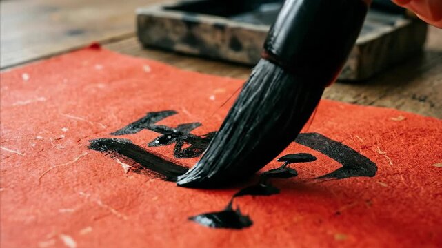 Hand writing fu character on red paper with ink brush. Traditional chinese calligraphy for lunar new year blessing. Good fortune symbol creation sequence for festival celebration.