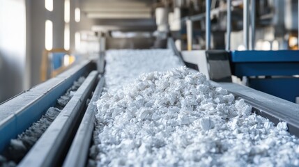Industrial conveyor belt transporting white shredded plastic flakes for recycling and manufacturing processes