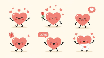Cartoon hearts with facial expressions and gestures, celebrating love and affection in a playful digital illustration