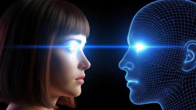 Woman with short brown hair facing blue wireframe digital human head with glowing eyes and laser beam between them on black background