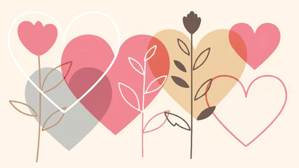 Illustration of hearts and plants in various colors and shapes, symbolizing love and nature.