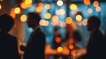 Bokeh Night Out: An atmospheric photo captures a blurry yet elegant social gathering, with silhouetted figures mingling amidst a warm, inviting bokeh background of soft lights.