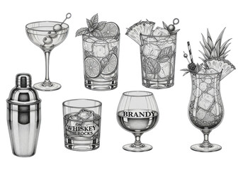 highly detailed flat lay of technical drawings of five classic cocktails (martini, mojito, whiskey, brandy, tropical) and a shaker, against a transparent background. concept of bar design and craft