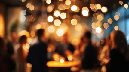 Blurred Evening Gathering: A vibrant atmosphere of a bustling social event, filled with blurred figures of people engaging in conversations under warm, inviting lights.