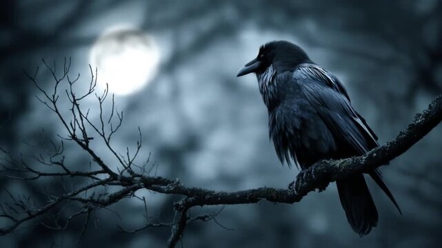 Moonlit raven on a bare branch, misty blue night, eerie calm, shadowed wilderness. night gloom, fog